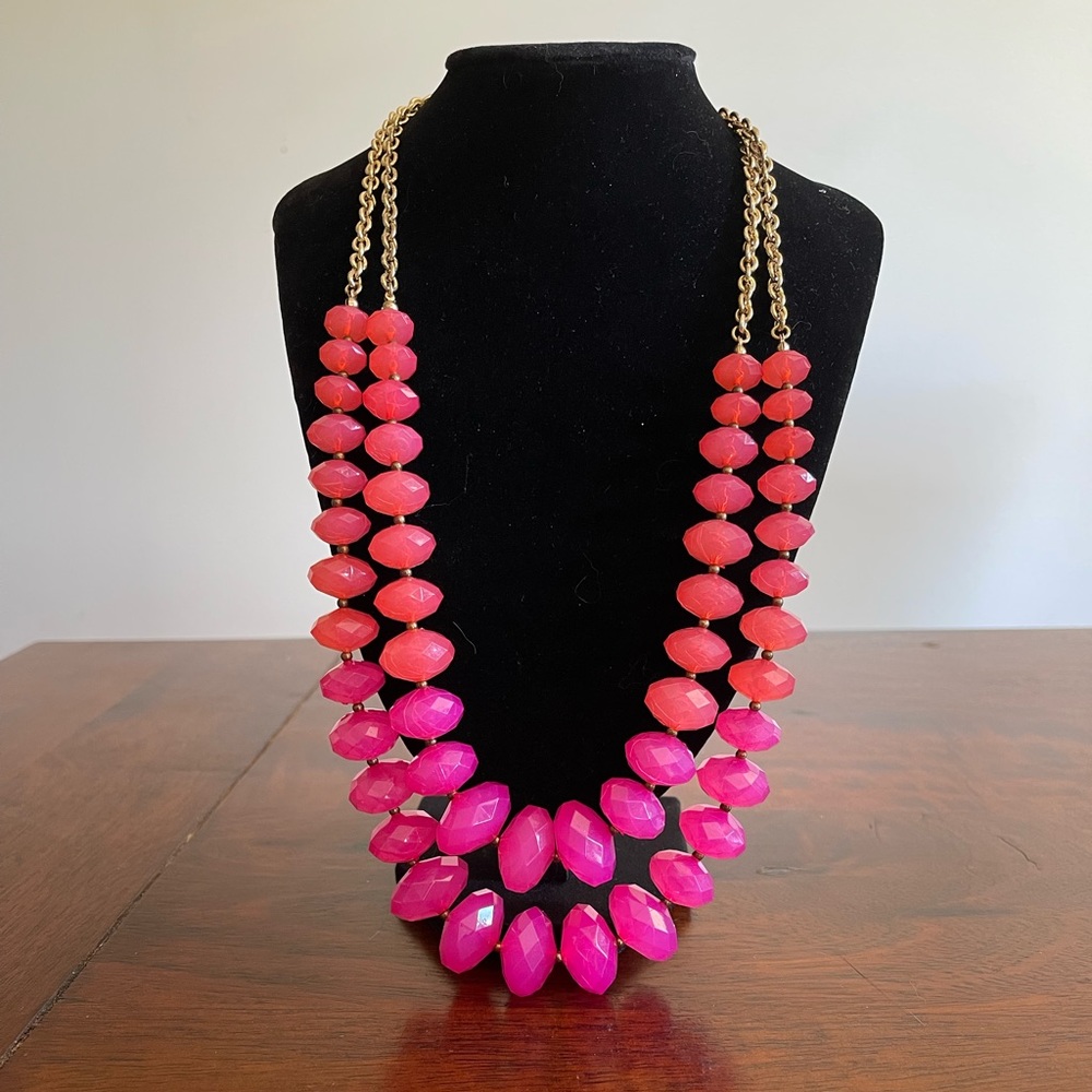 Bright and bold two strand necklace pink, coral and gold tone lobster clasp